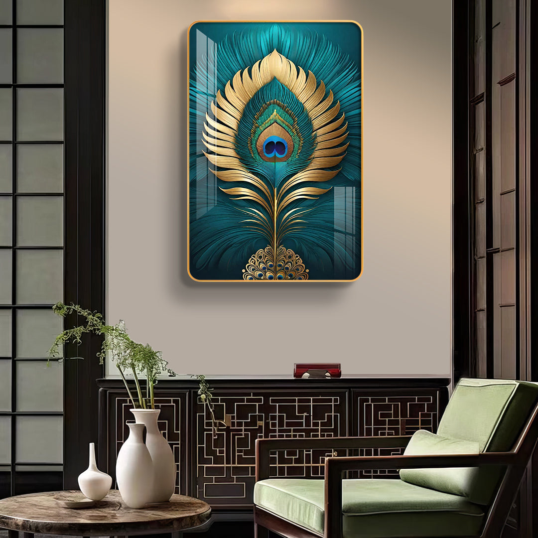 Divine Golden Mor Pankh Vertical Resin Wall Art