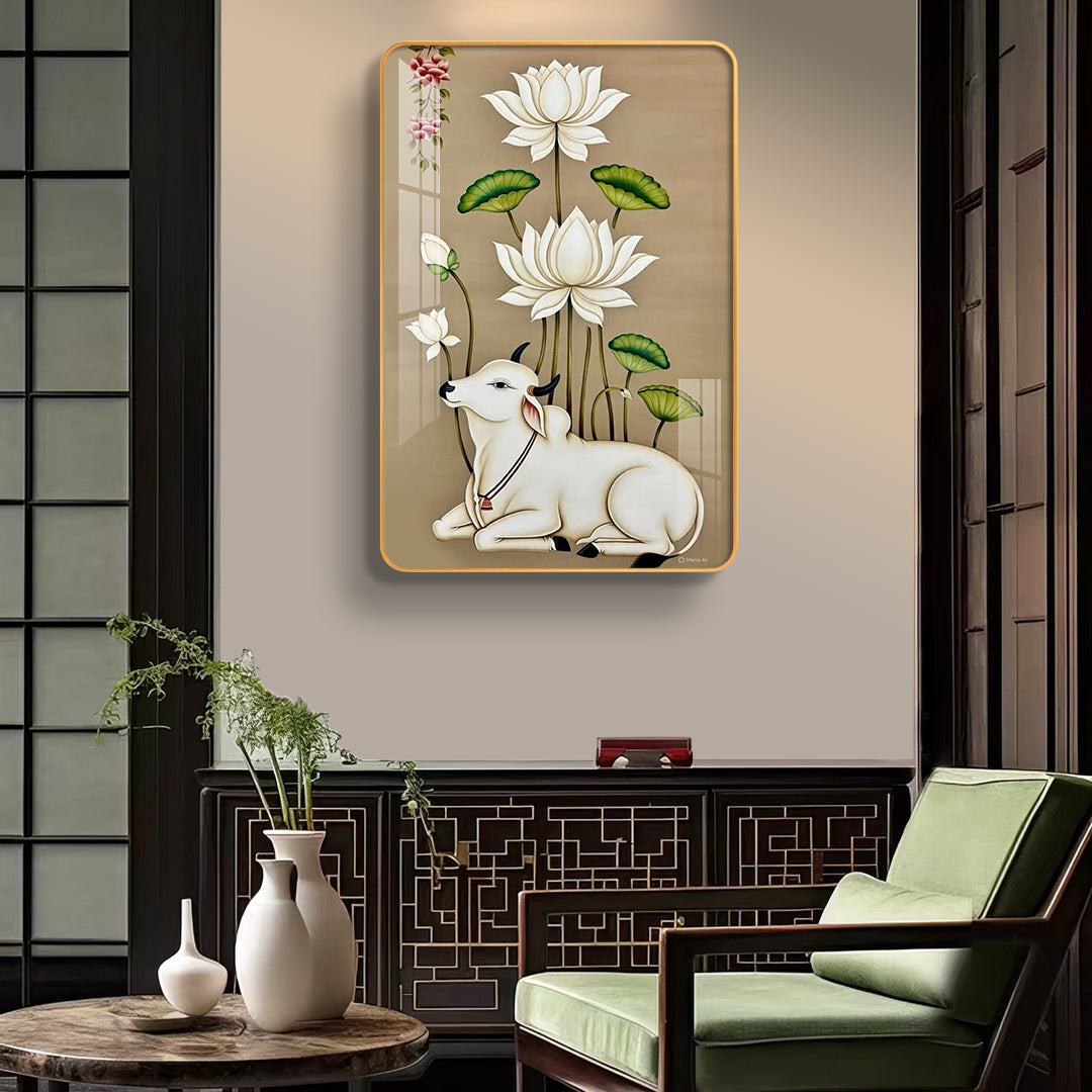 Shubh Kamdhenu Cow & White Lotus Vertical Resin Wall Art