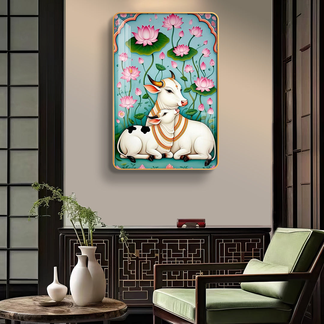 Divine Gau Mata & Calf Lotus Garden Vertical Resin Wall Art