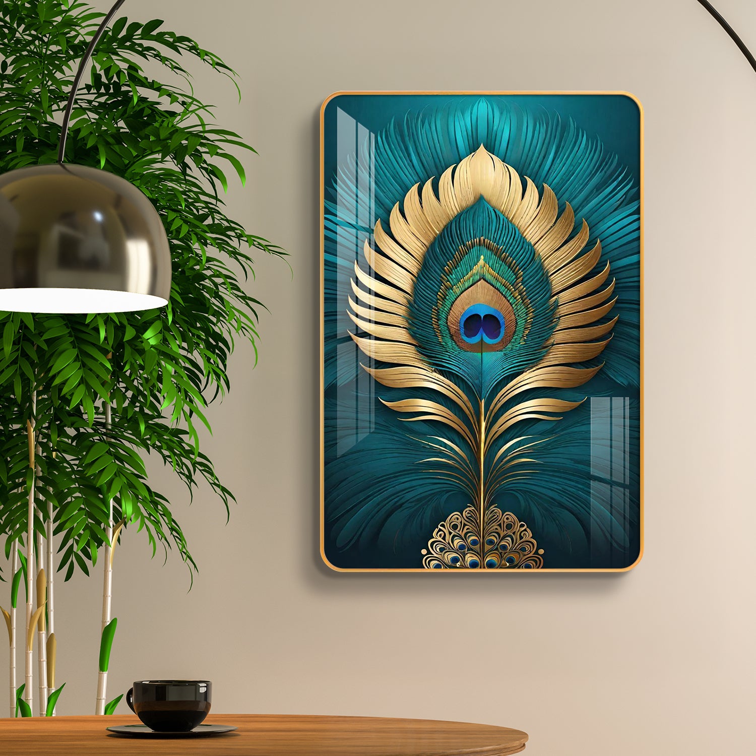 Divine Golden Mor Pankh Vertical Resin Wall Art
