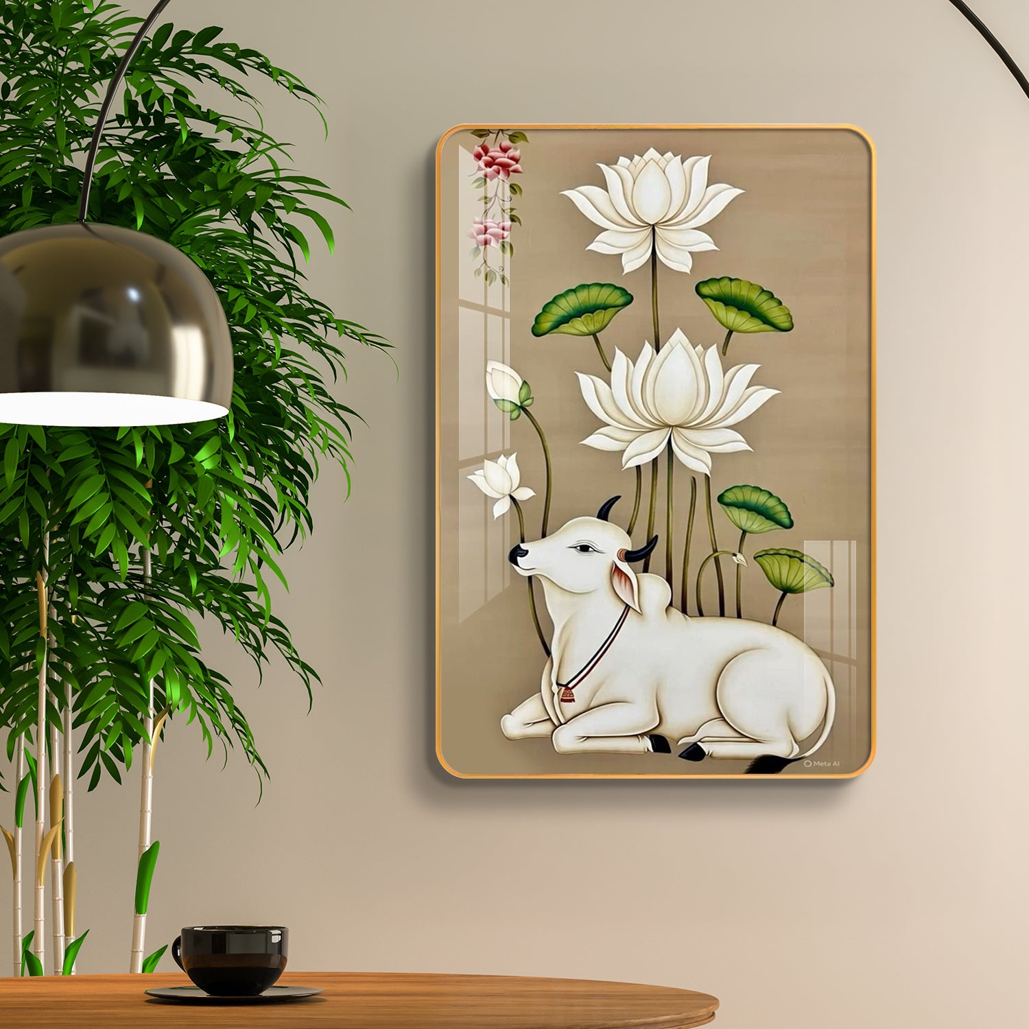 Shubh Kamdhenu Cow & White Lotus Vertical Resin Wall Art
