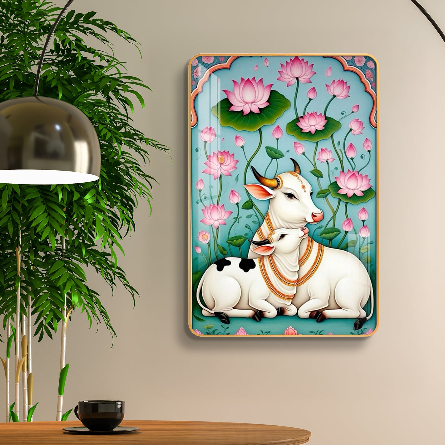 Divine Gau Mata & Calf Lotus Garden Vertical Resin Wall Art