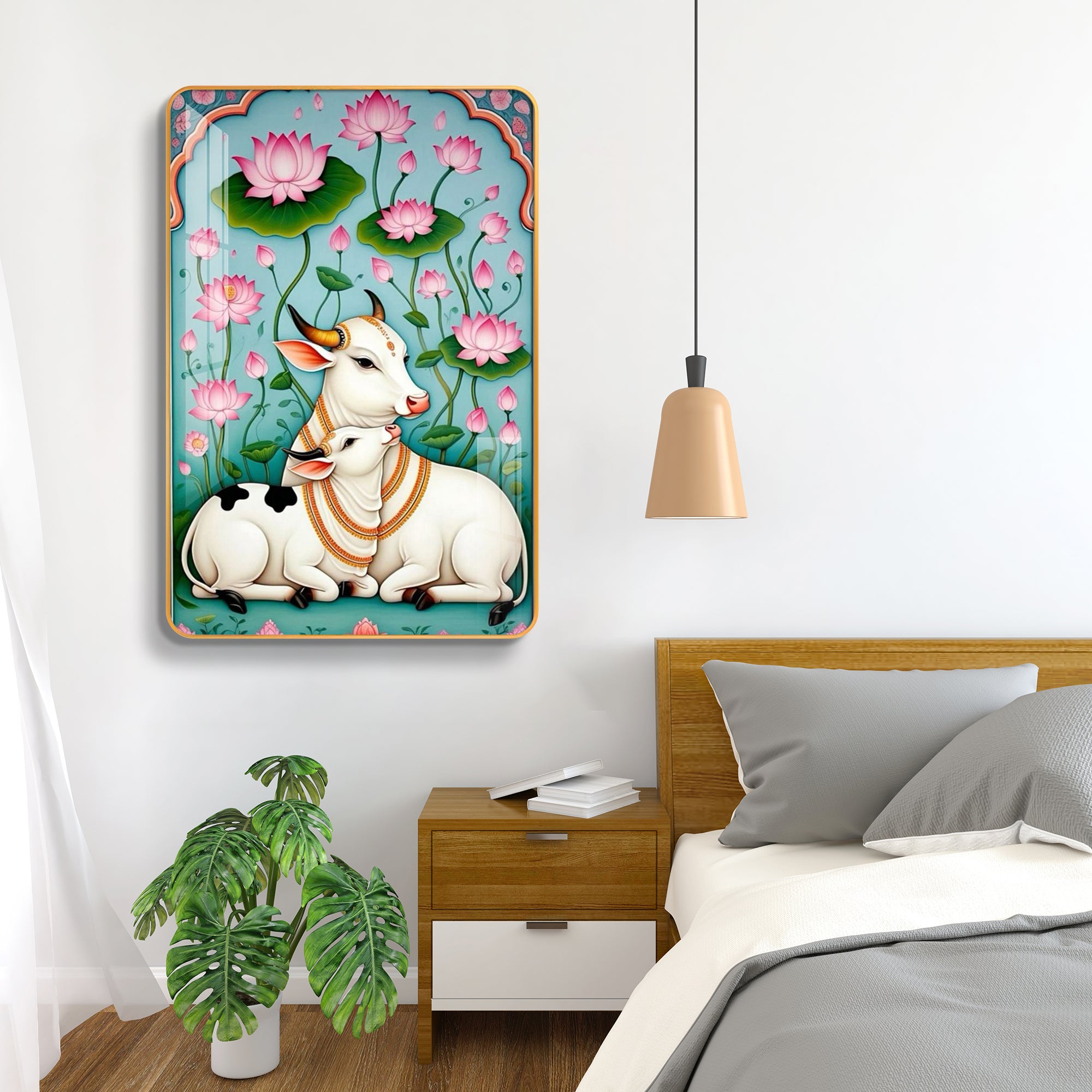 Divine Gau Mata & Calf Lotus Garden Vertical Resin Wall Art