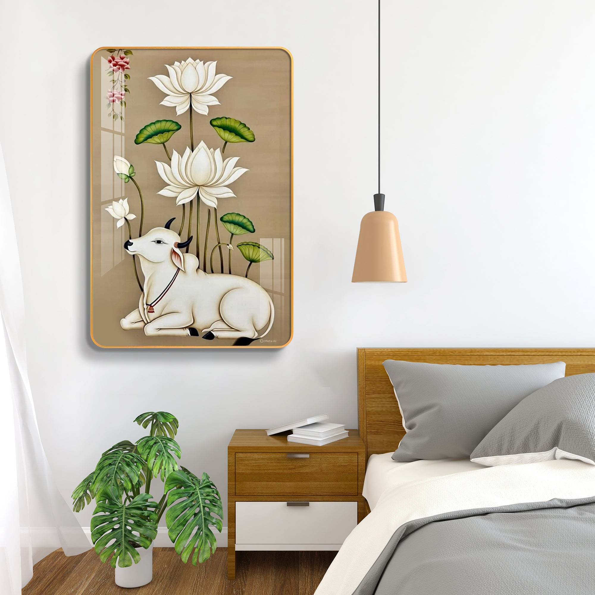 Shubh Kamdhenu Cow & White Lotus Vertical Resin Wall Art