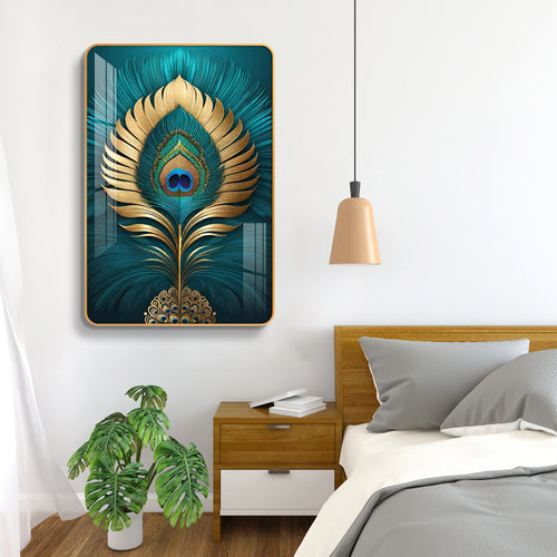 Divine Golden Mor Pankh Vertical Resin Wall Art