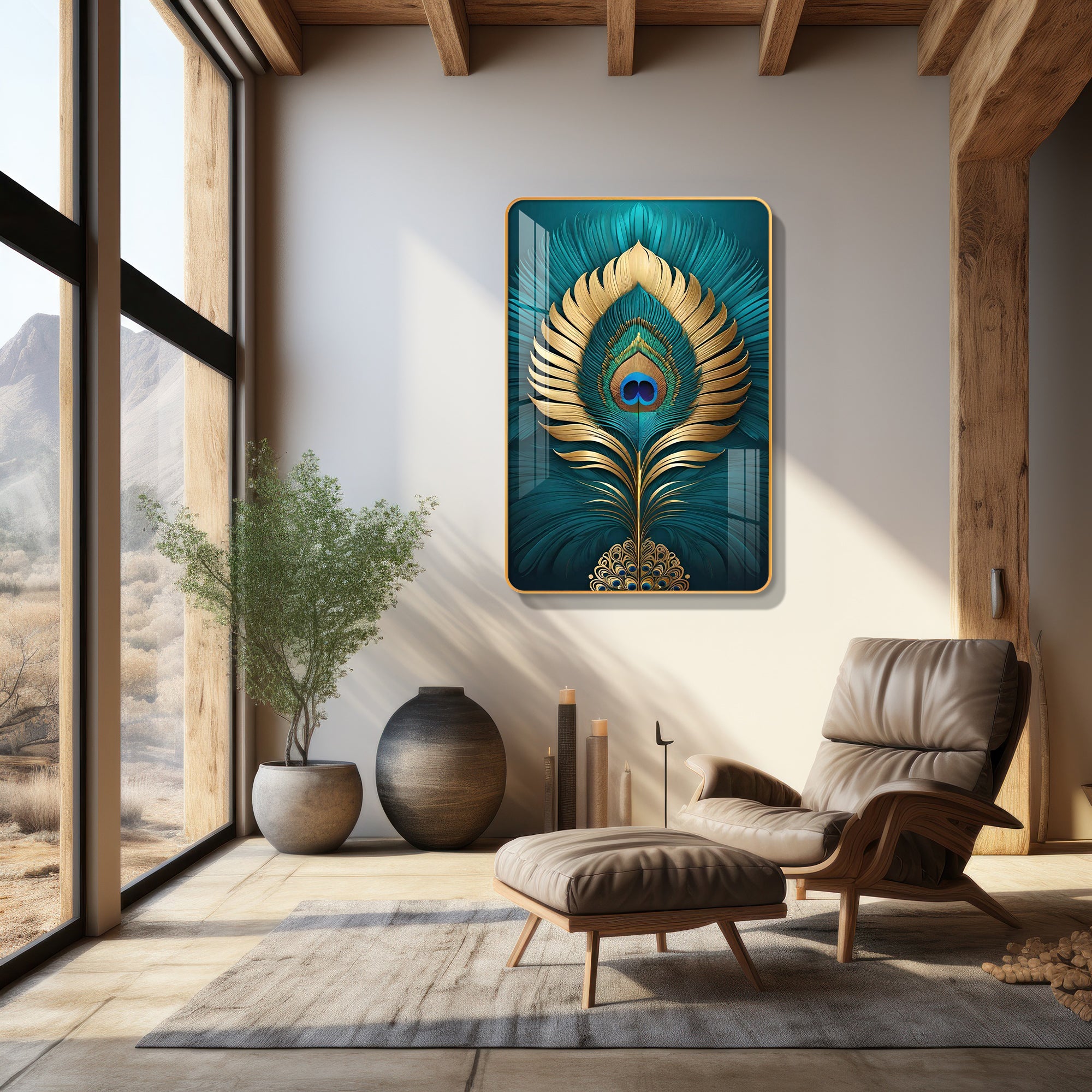 Divine Golden Mor Pankh Vertical Resin Wall Art