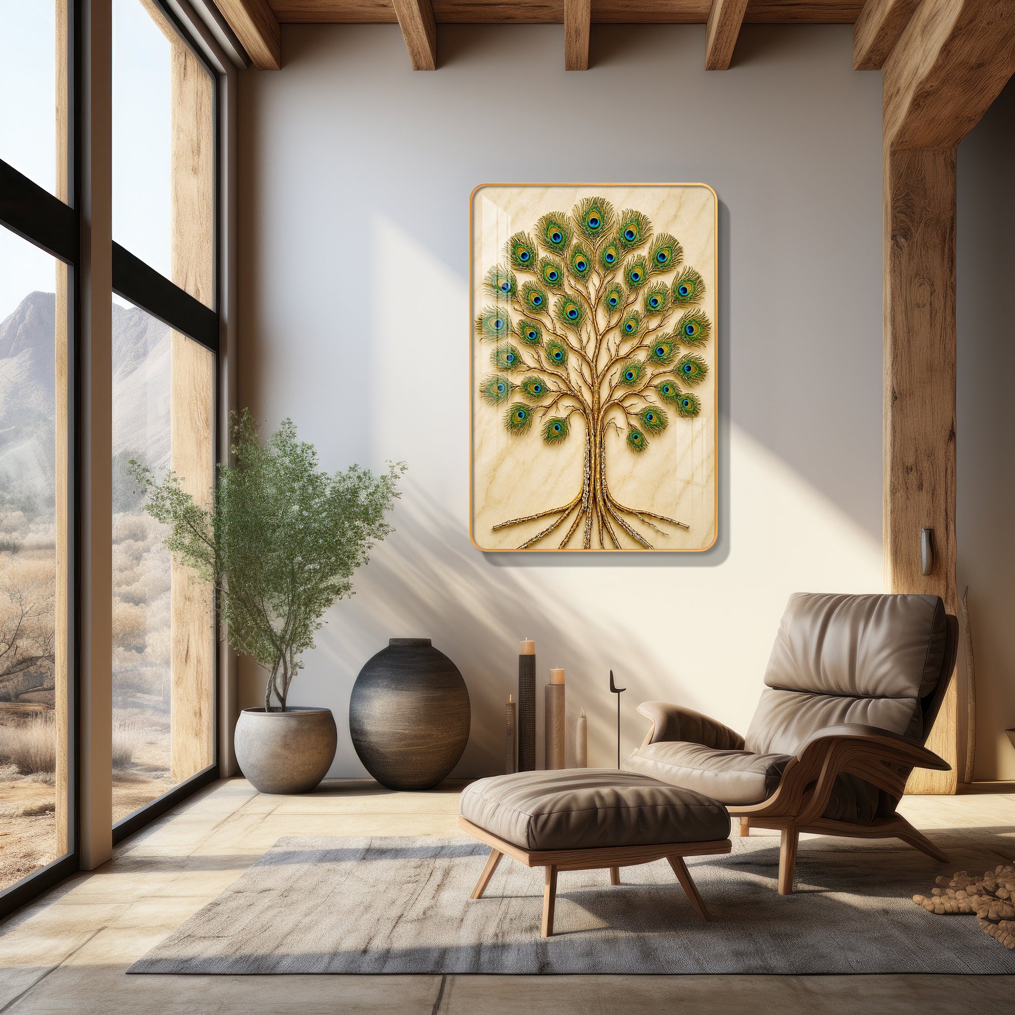 Vastu Peacock Feather Tree of Life Vertical Resin Wall Art