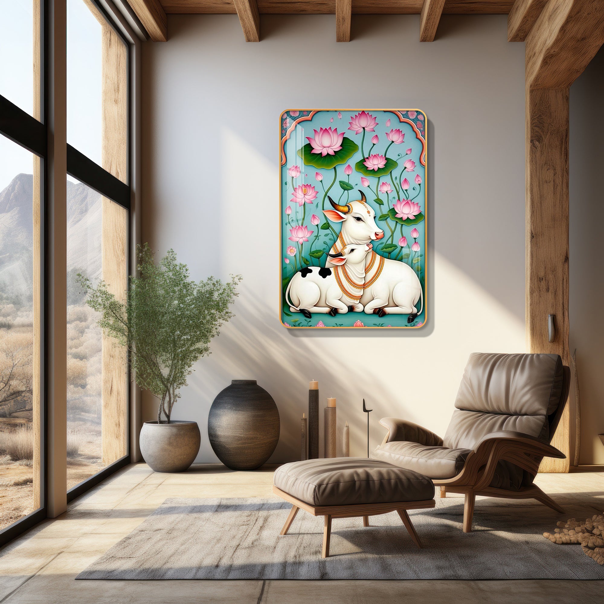 Divine Gau Mata & Calf Lotus Garden Vertical Resin Wall Art