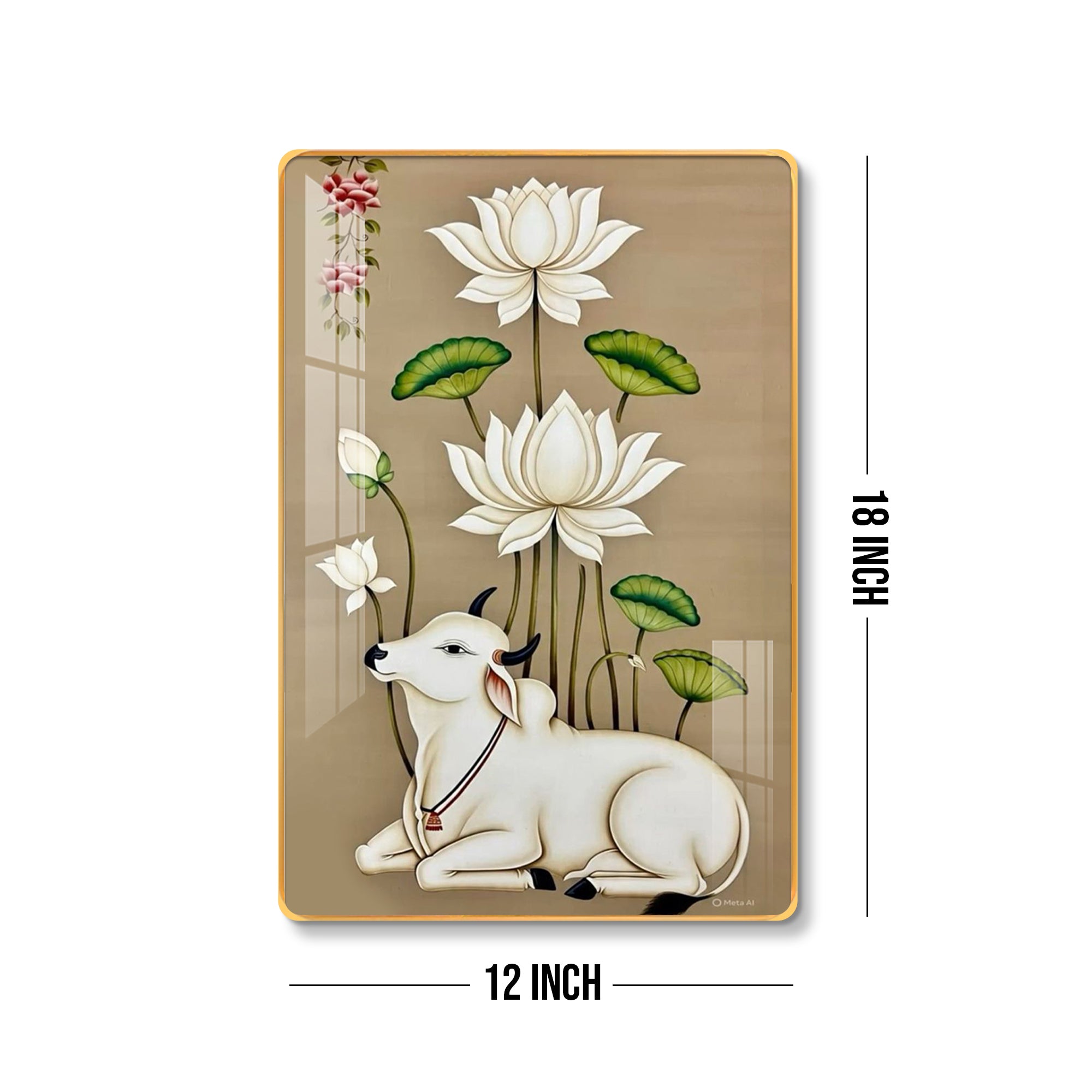 Shubh Kamdhenu Cow & White Lotus Vertical Resin Wall Art