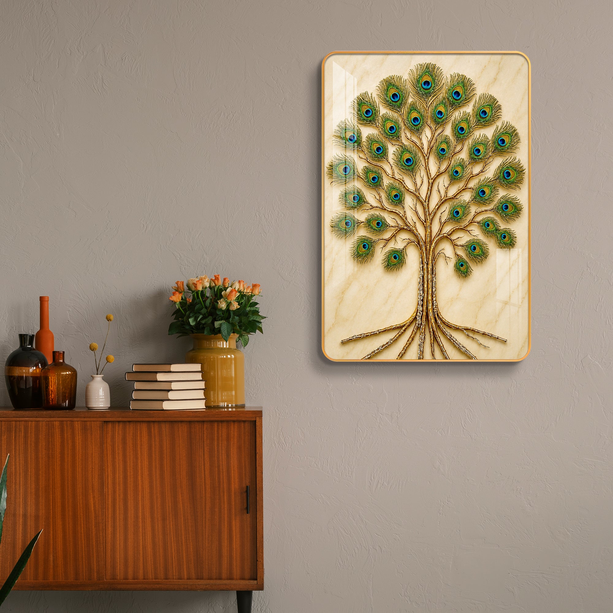 Vastu Peacock Feather Tree of Life Vertical Resin Wall Art