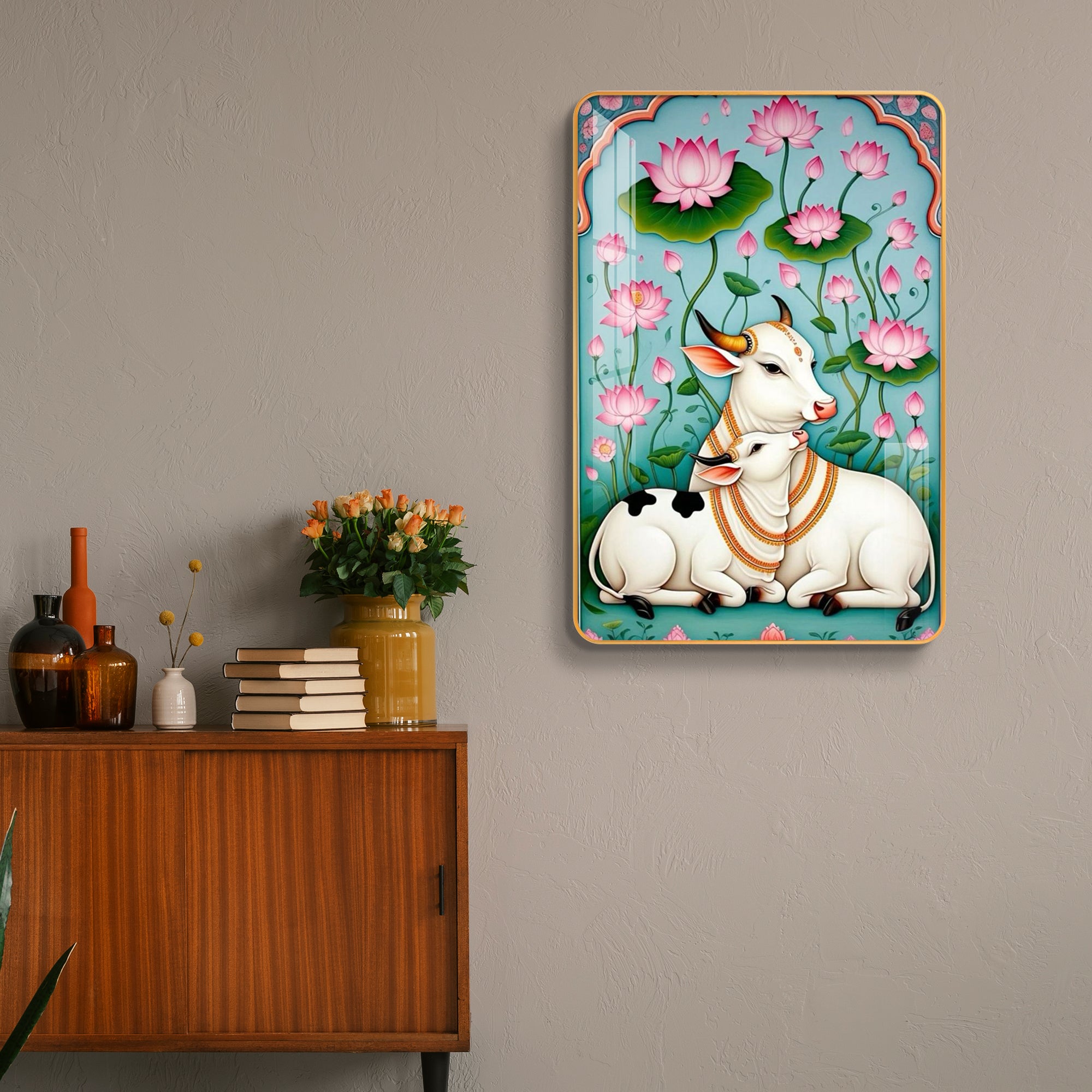 Divine Gau Mata & Calf Lotus Garden Vertical Resin Wall Art