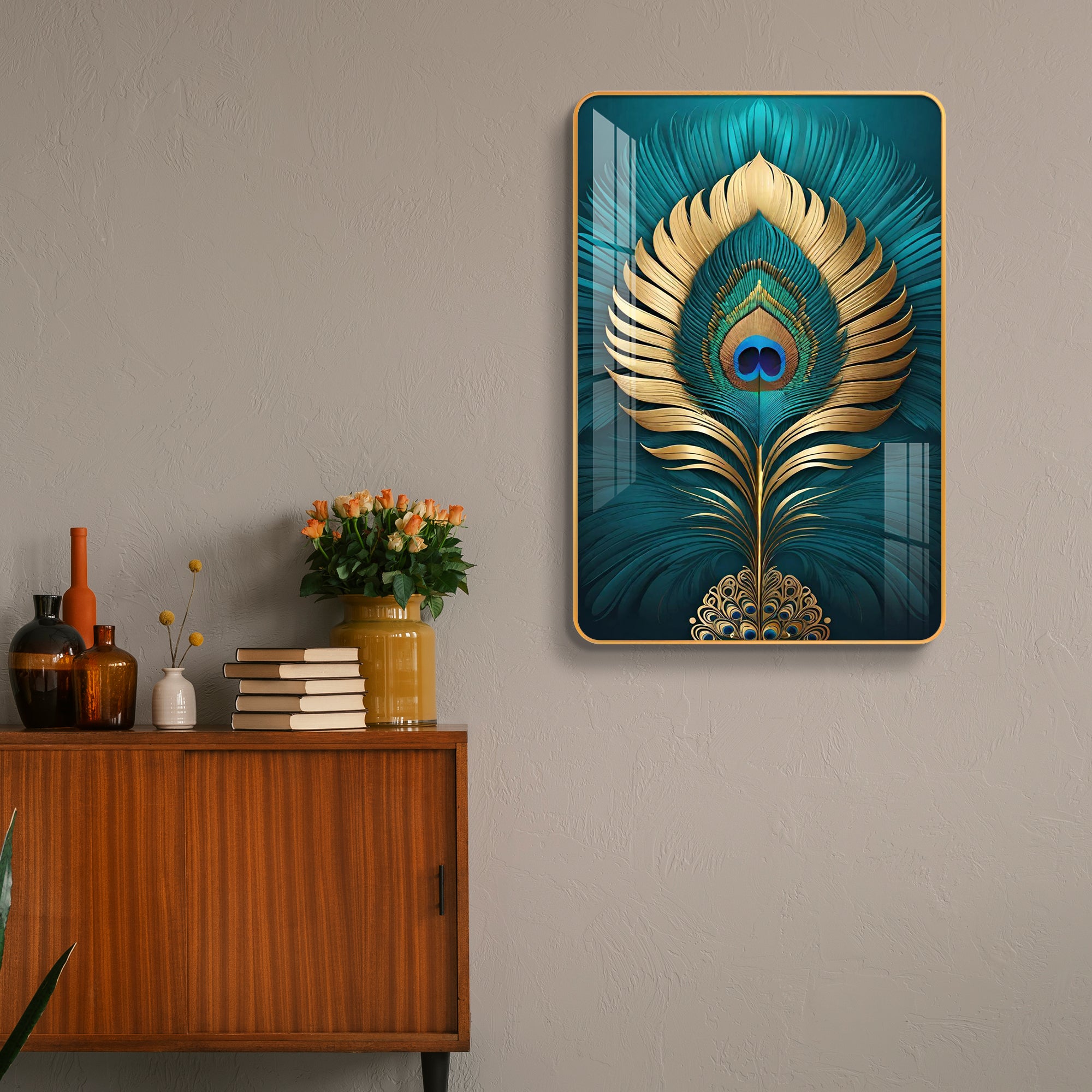 Divine Golden Mor Pankh Vertical Resin Wall Art