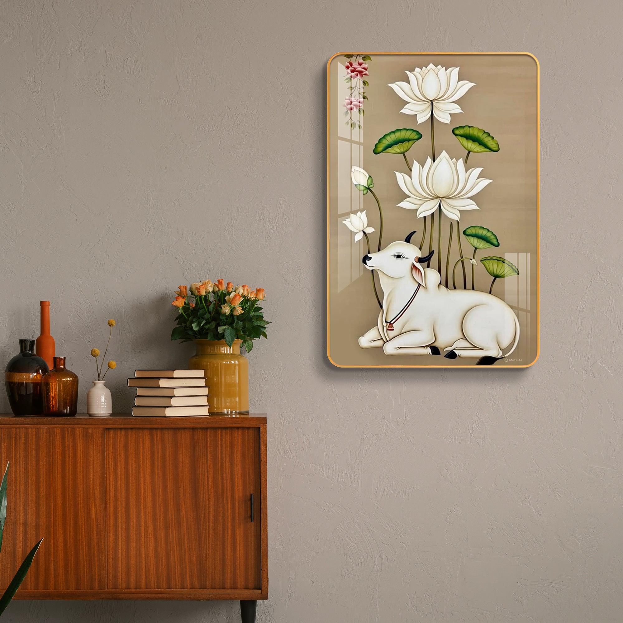 Shubh Kamdhenu Cow & White Lotus Vertical Resin Wall Art
