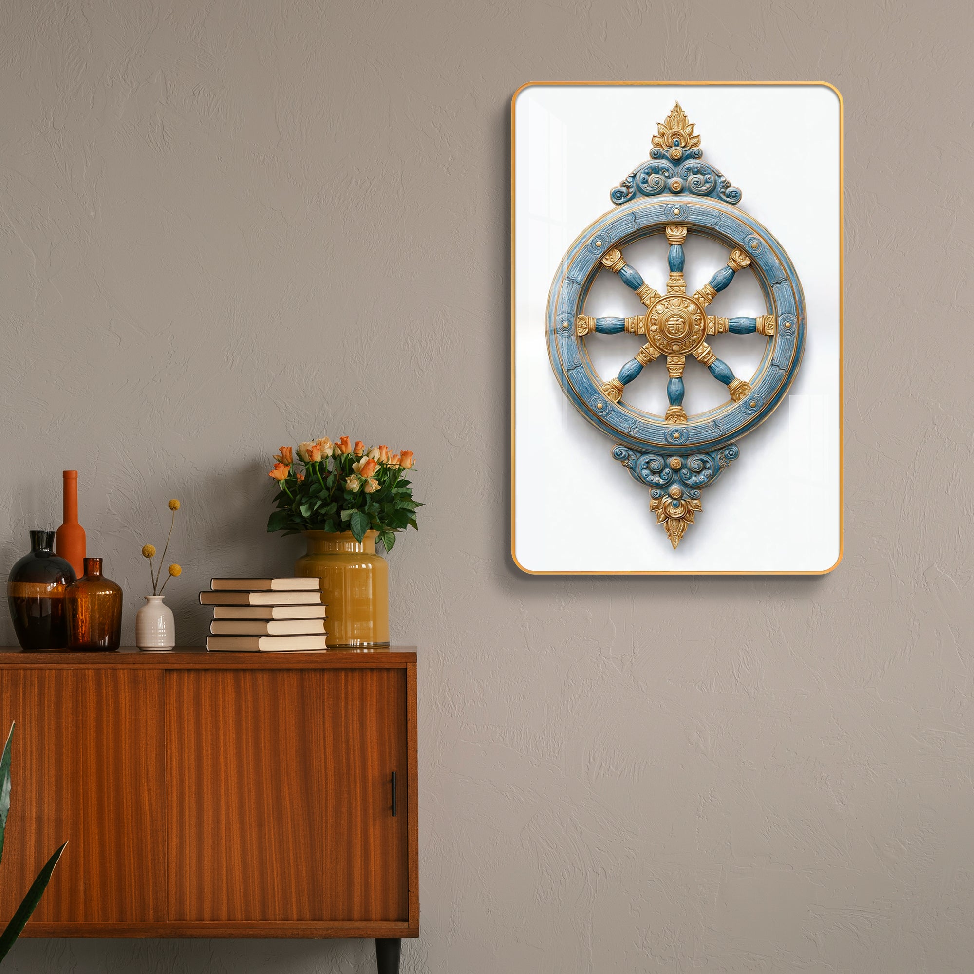 Sacred Dharmachakra Wheel of Dharma Vertical Resin Wall Art