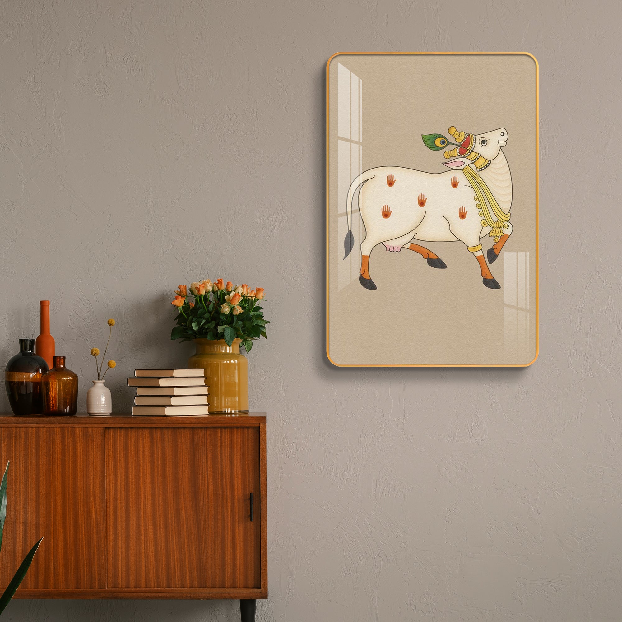 Sacred Vastu Kamdhenu Cow Pichwai Vertical Resin Wall Art