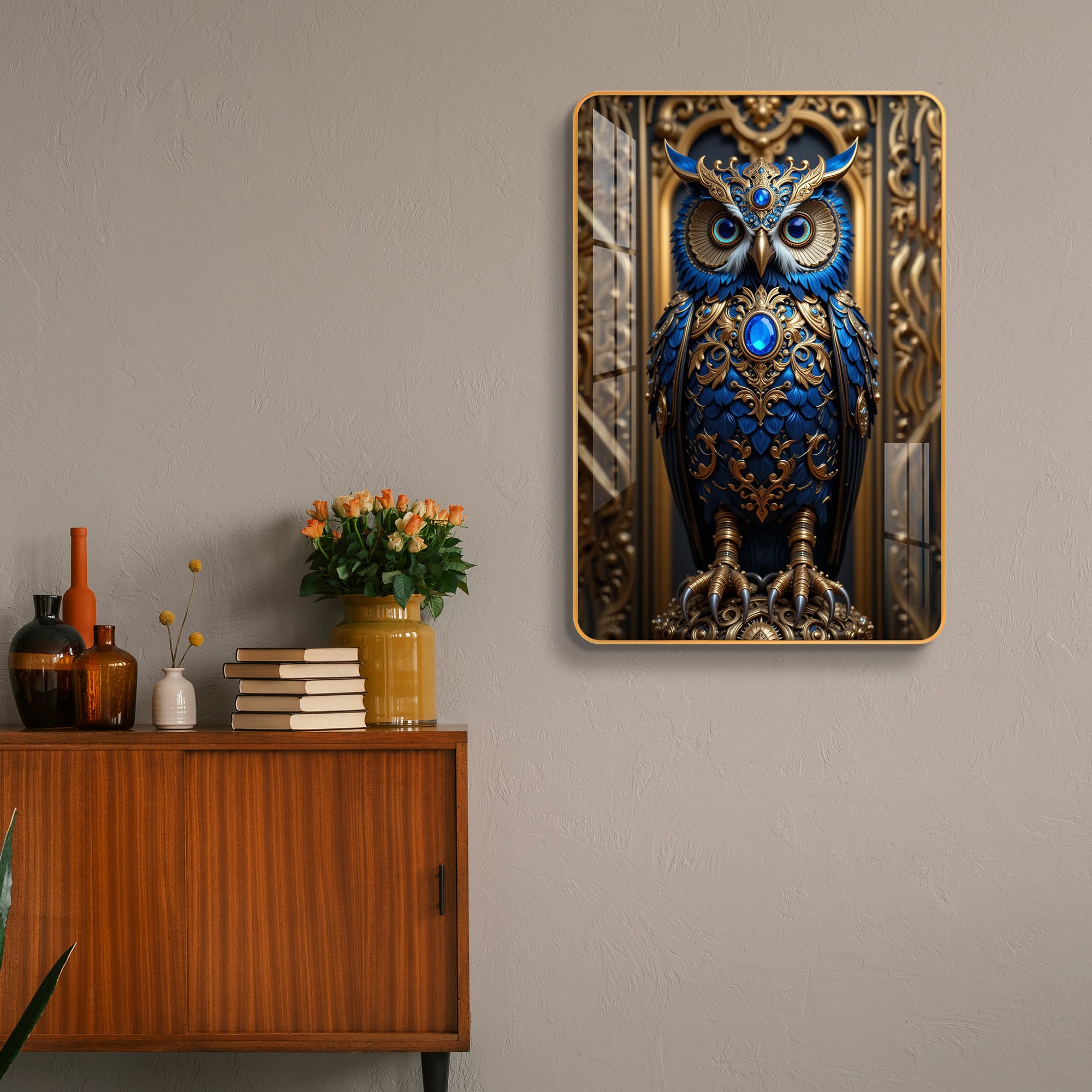 Vastu Royal Jewelled Owl Wisdom & Wealth Vertical Resin Wall Art